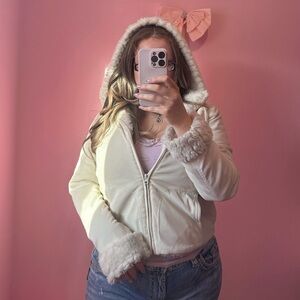 y2k fuzzy trim hooded coat